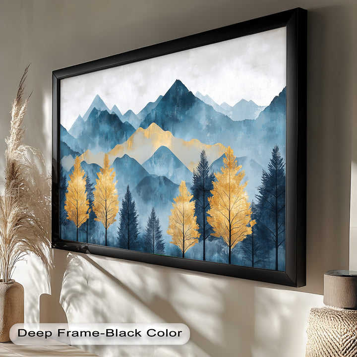 Blaue und goldene Aquarell-Berglandschaftskunst – Atemberaubende Ölgemälde
