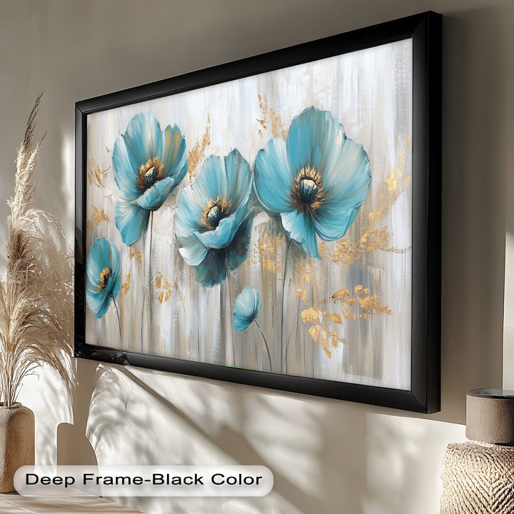 Blue Poppies with Metallic Accents - Flower Oil Painting