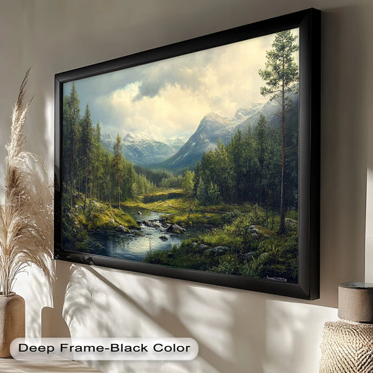 A lush alpine landscape with flowing water, green meadows, and tall trees, set against majestic distant mountains.