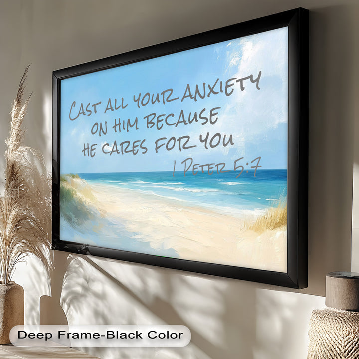 Christian wall art featuring a bright blue ocean and scripture on releasing worries.
