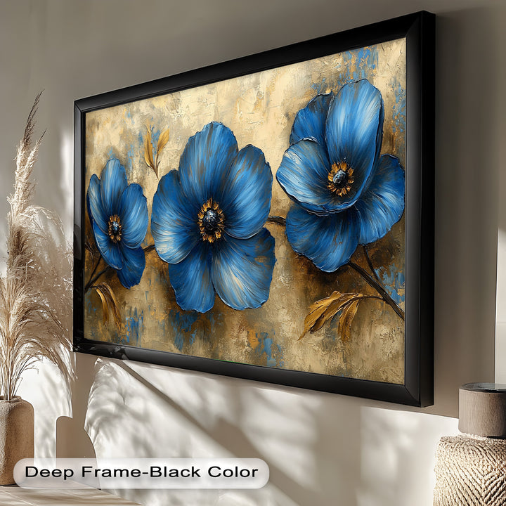 Golden Beige Elegance – Royal Blue Floral Trio Flower Oil Painting