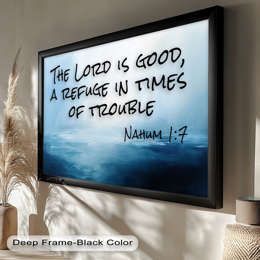 Serene blue-toned religious painting with scripture on God's goodness.

