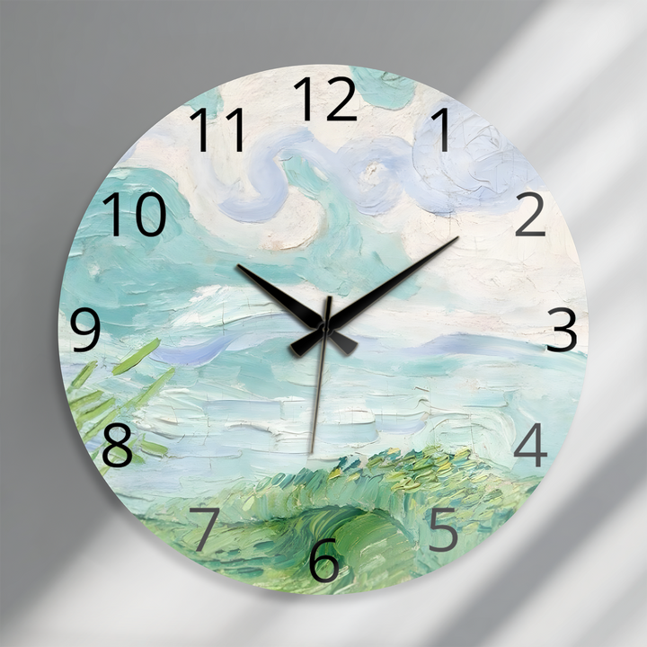 Pastellfarbene Küstenwanduhr aus Glas – abstrakte Meereslandschaftskunst