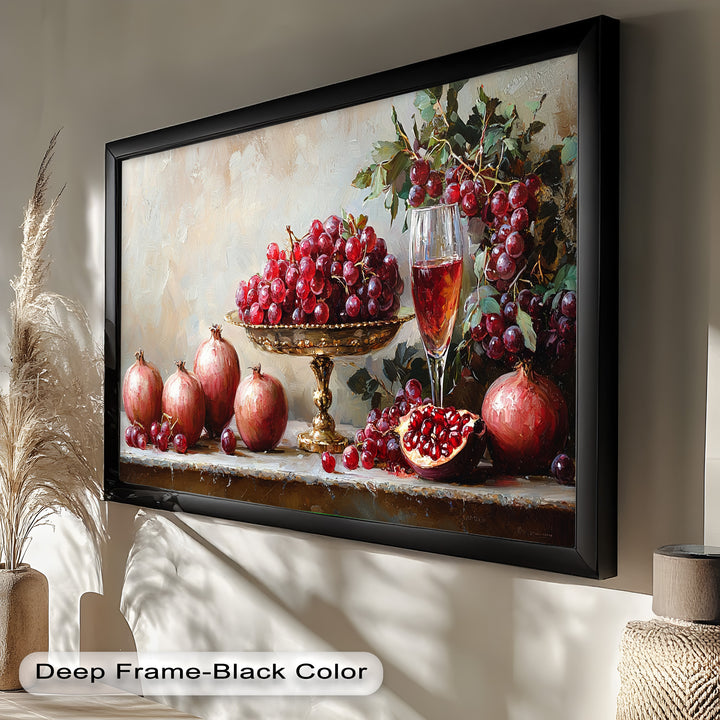 A timeless still life artwork showcasing ripe grapes and pomegranates, enhanced by a sparkling glass of wine for a sophisticated touch.
