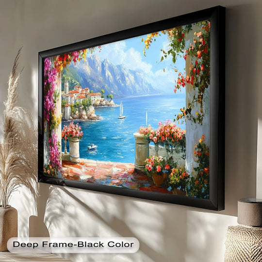 The vibrant, floral-framed view overwhelms in this Mediterranean Coastal seaside landscape oil painting wall art with colorful details of the Italian village and glistening water.