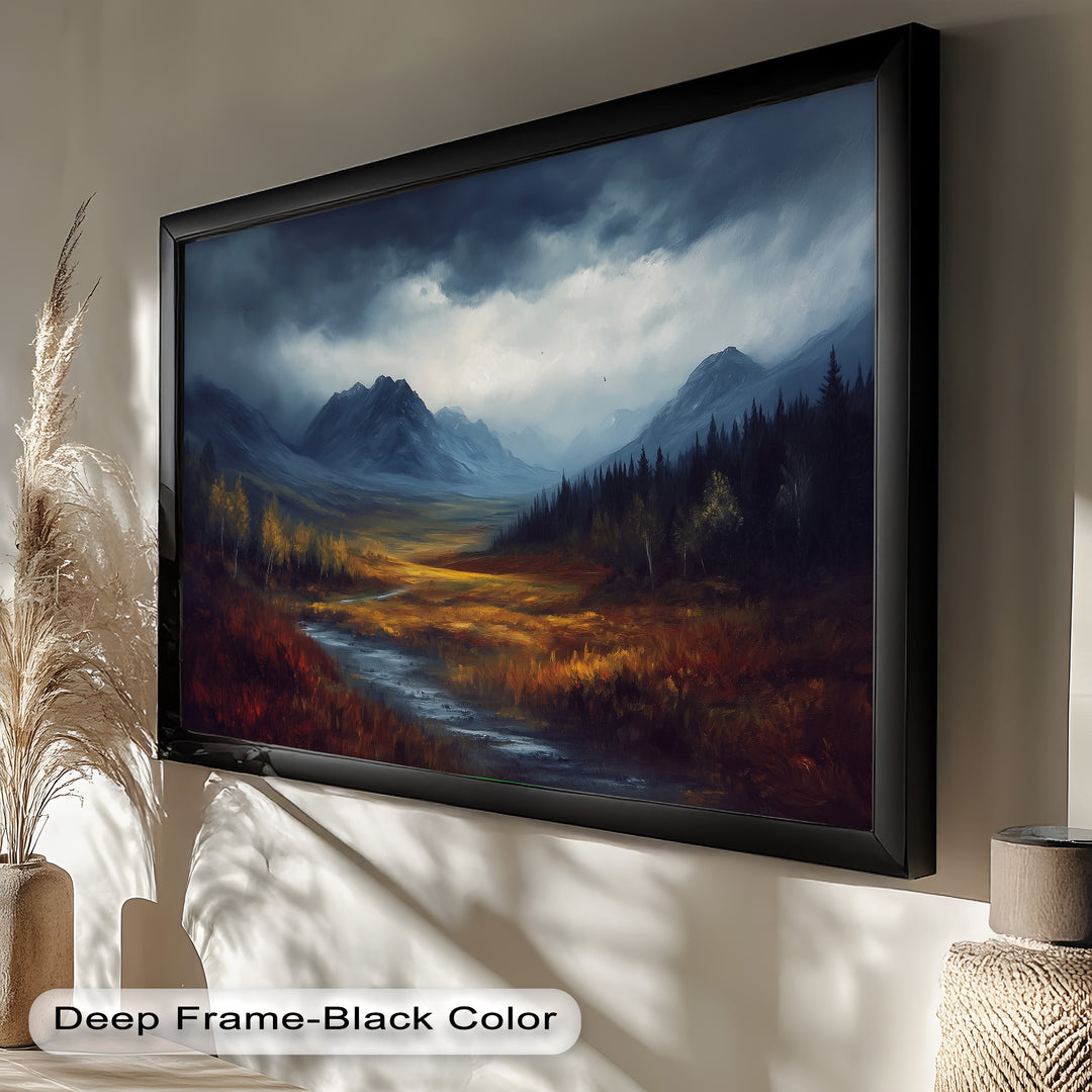 Dark clouds loom over distant peaks as a winding stream flows through a vibrant autumn valley filled with fiery red and orange foliage.