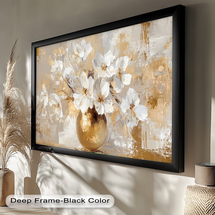Golden Vase with White Florals – Flower Oil Painting