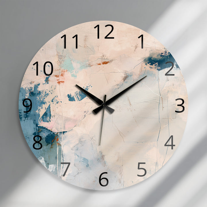 Neutral Abstract Glass Wall Clock – Beige and Blue Modern Decor