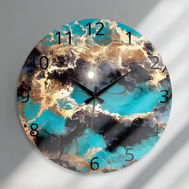 Turquoise and Gold Glass Wall Clock – Abstract Marble Decor
