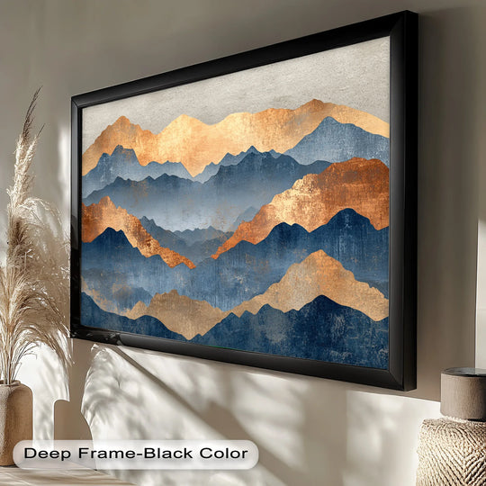 Gentle light illuminates the layered mountain peaks in this serene, framed, blue and bronze abstract oil painting artwork.