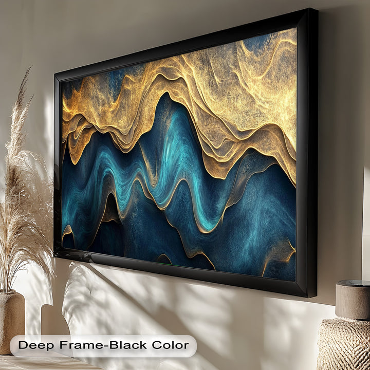 Flowing Teal & Gold Waves – Abstract Oil Painting