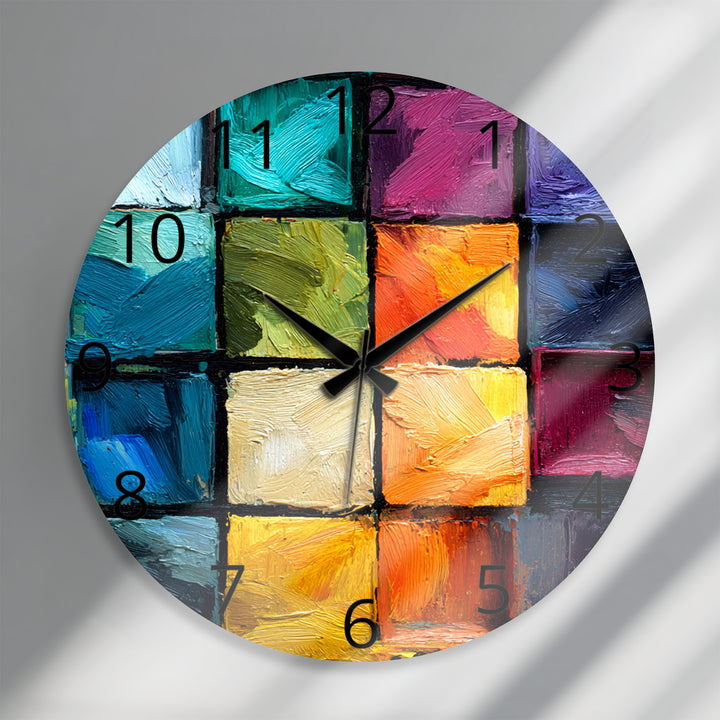 Colorful Abstract Glass Wall Clock – Textured Geometric Painting