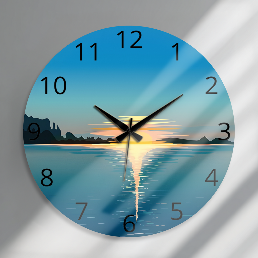Minimalist Ocean Sunset Glass Wall Clock – Coastal Decor