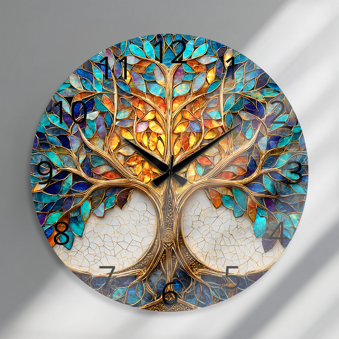 Tree of Life Glass Wall Clock – Blue and Gold Mosaic Decor