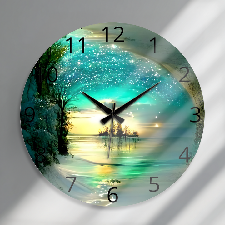 Enchanted Lake Glass Wall Clock – Turquoise Fantasy Landscape