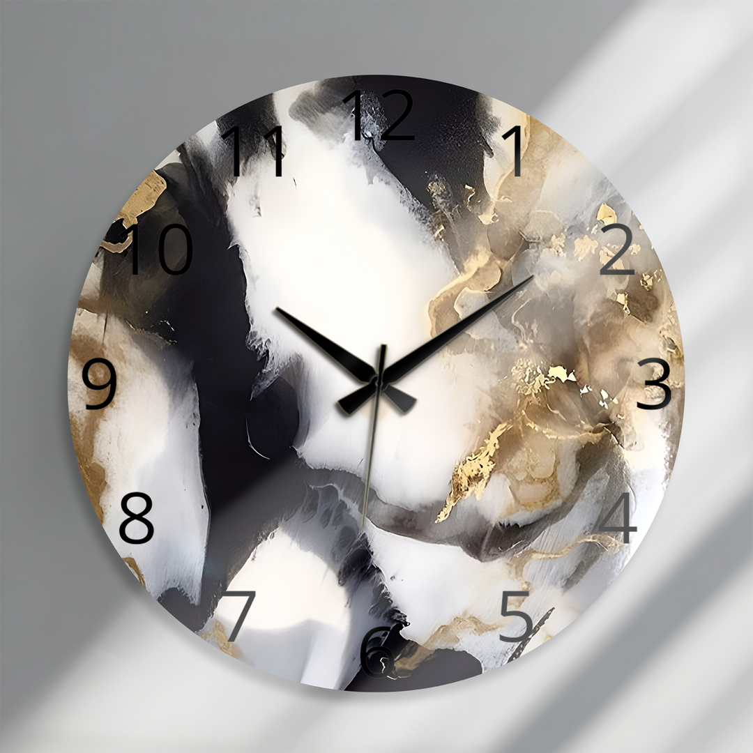 Black and Gold Marble Glass Wall Clock – Abstract Luxury Decor