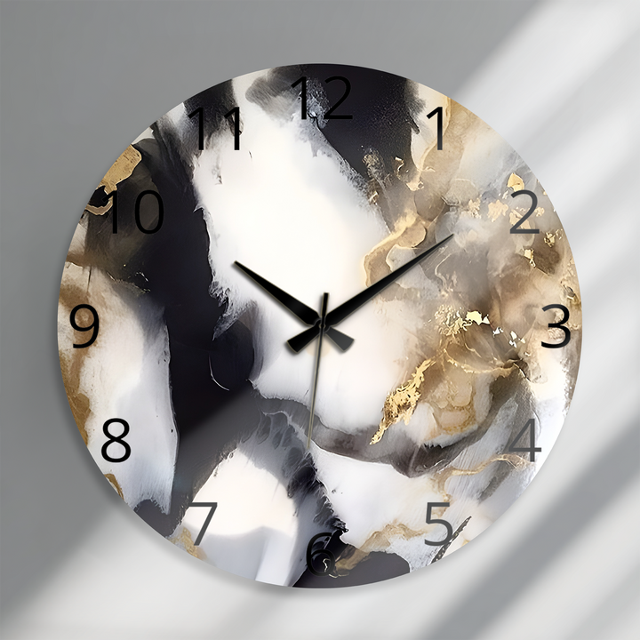 Black and Gold Marble Glass Wall Clock – Abstract Luxury Decor