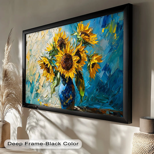 Color contrast enhances the sunflower bouquet oil painting reproduction print, spotlighting the vibrant yellows of the blooms against the deep blue background.