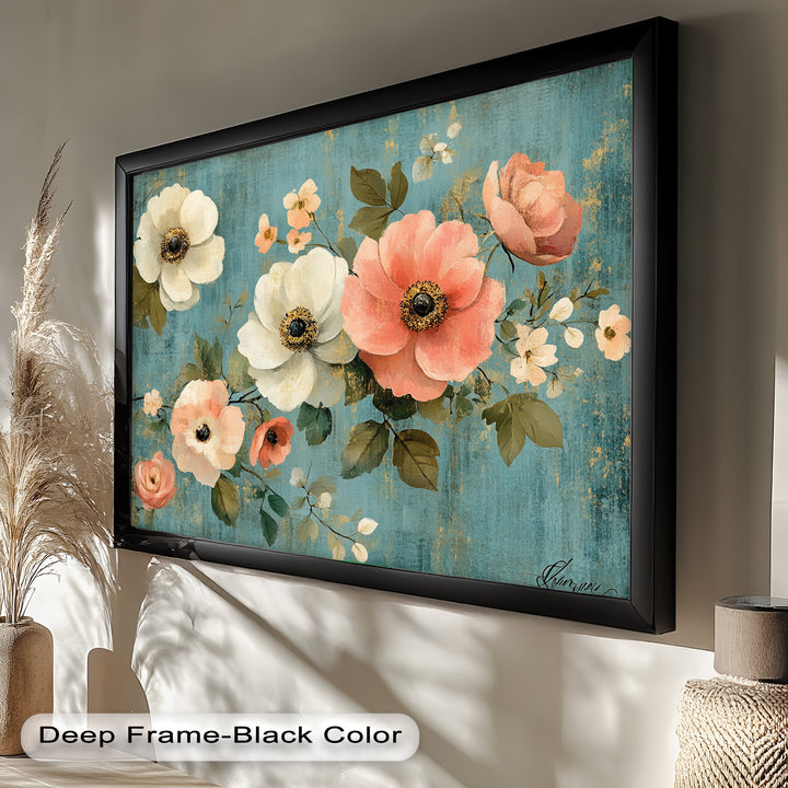 Romantic garden-inspired wall art showcasing blush and cream florals.
