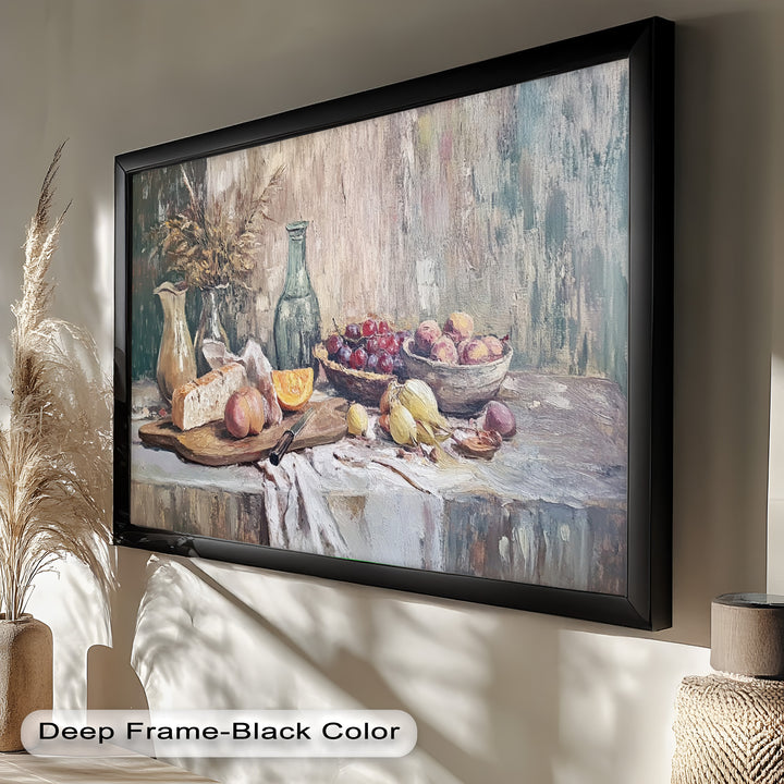 This still life painting exudes rustic elegance, showcasing a blend of fruits, bread, and vintage items, perfect for enhancing a warm, inviting space.