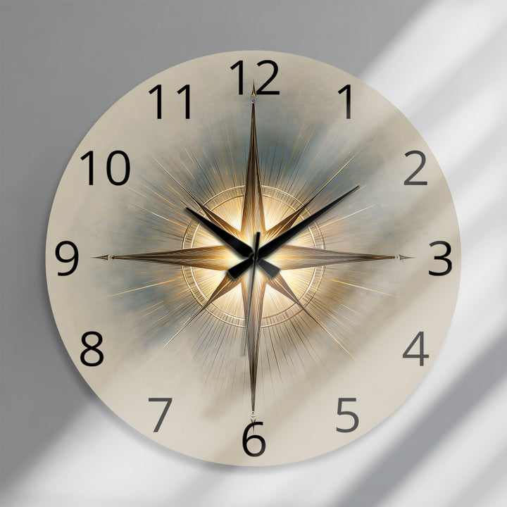 Gold Compass Rose Glass Wall Clock – Elegant Nautical Decor