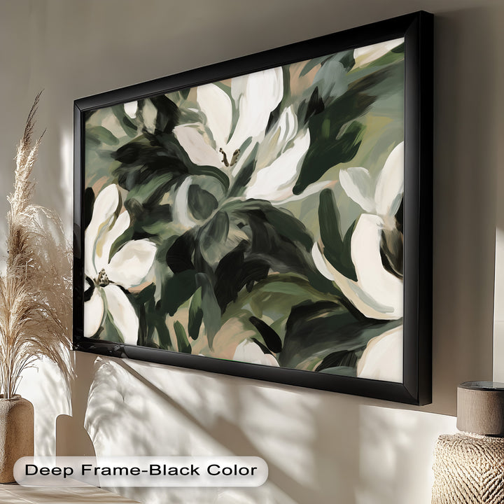 Cream Blooms in Forest Green - Flower Oil Painting