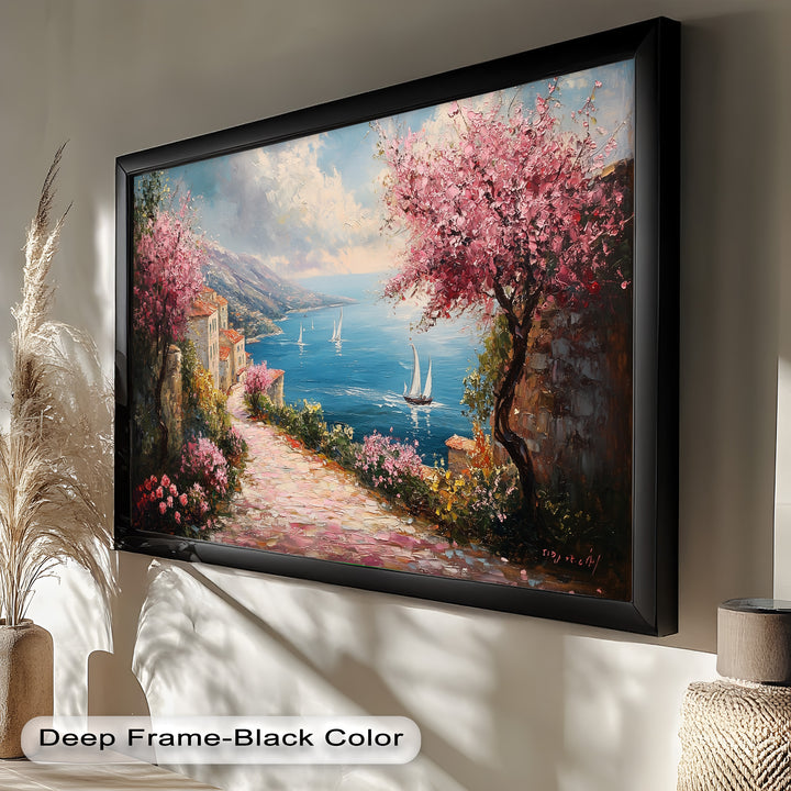 Incredible Sea Street & Spring Blossoms – Coastal Charm Oil Painting