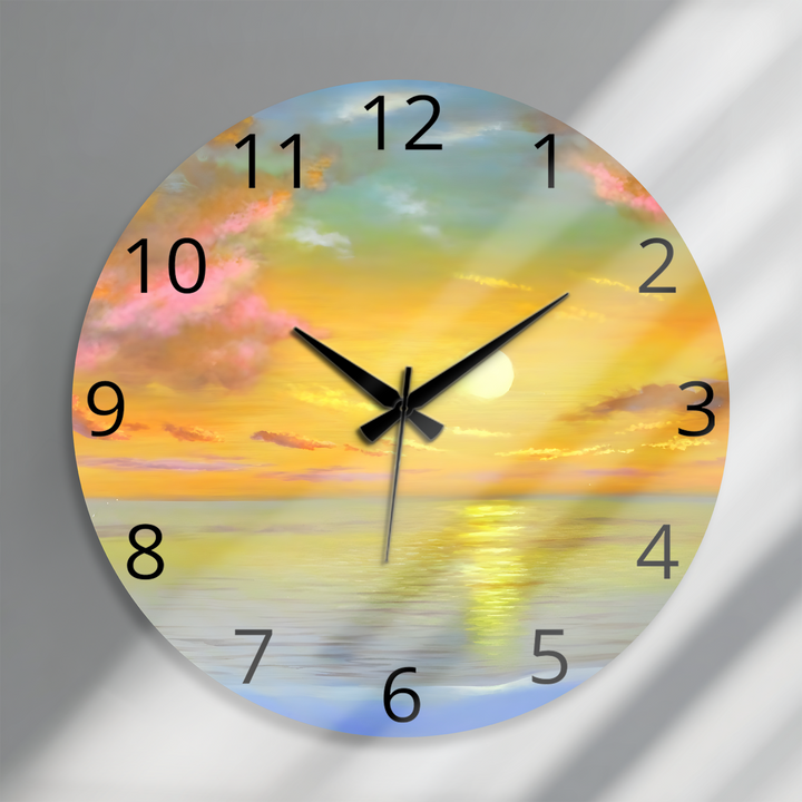 Ocean Sunset Glass Wall Clock – Golden Coastal Decor