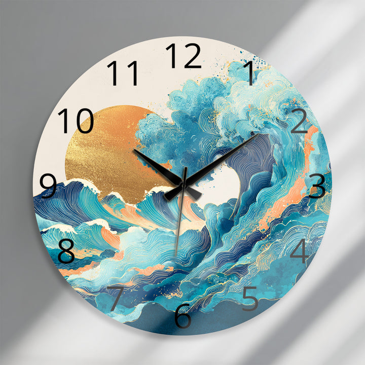 Japanese Wave Glass Wall Clock – Blue Ocean Sunset Art Decor