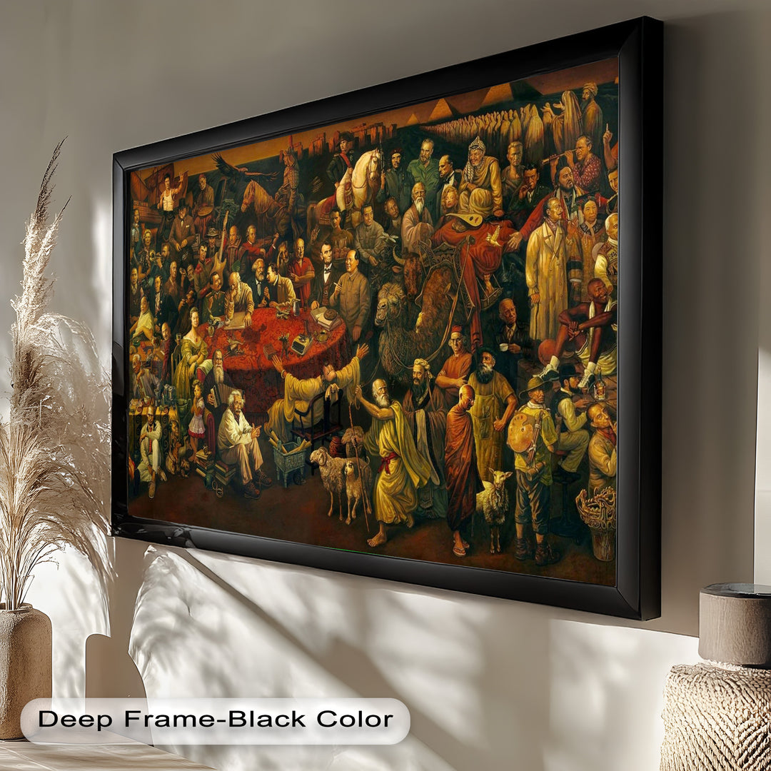 A large, intricate composition featuring a gathering of historical, literary, and philosophical figures from various cultures and eras.

