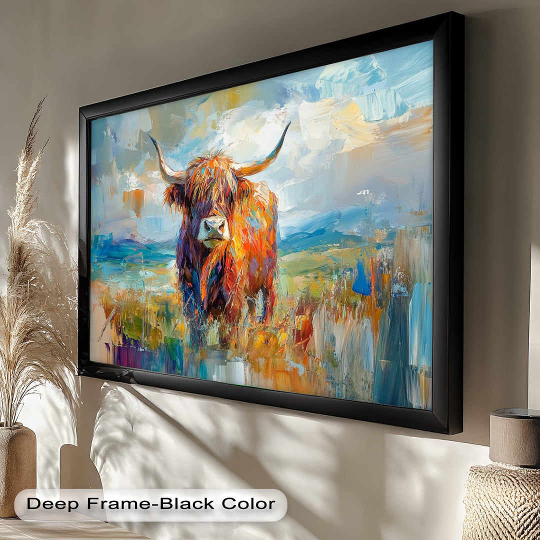 Highland Cow in Windswept Fields - Animal Oil Painting