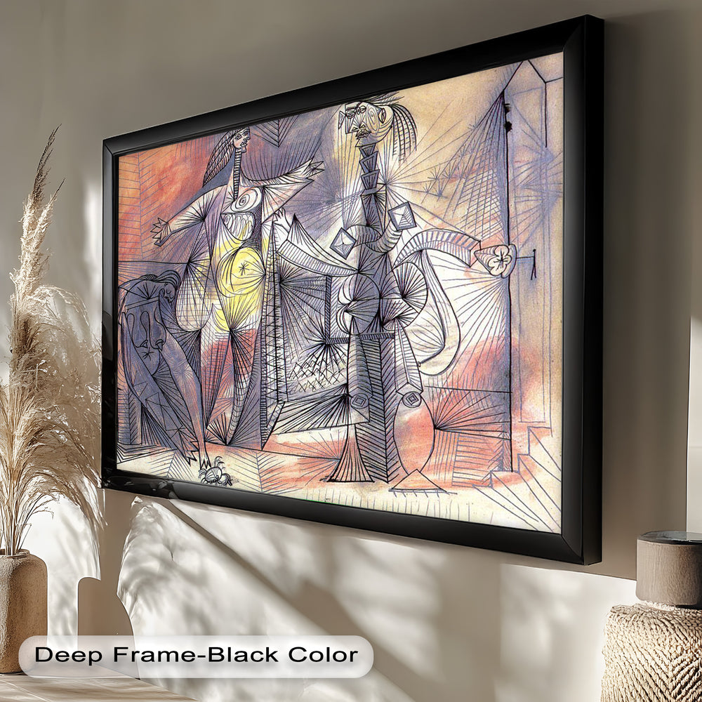 An abstract composition filled with angular forms, expressive gestures, and layered architectural backgrounds in a dreamlike setting.