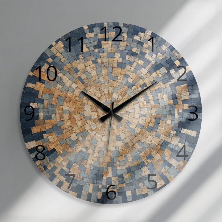 Blue Mosaic Glass Wall Clock – Beige Geometric Circle Art Decor