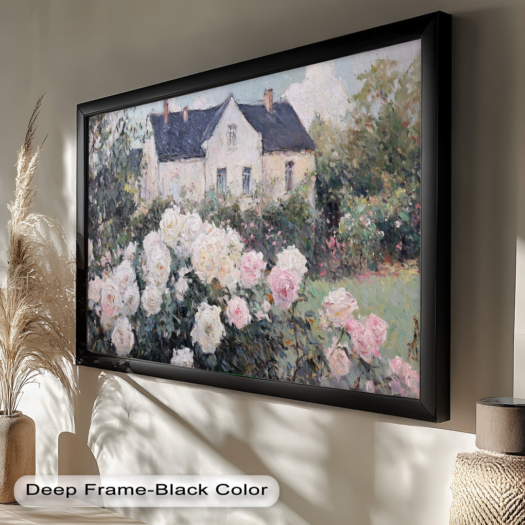 Cottage Garden Roses – Impressionist Floral House Scene Oil Painting