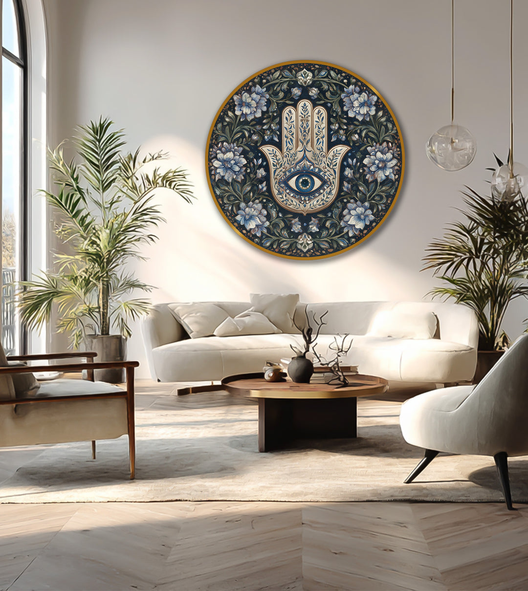Evoking the abstract quality of spiritual oil painting home decor, the round floral hamsa protection artwork presents an eye-catching arrangement, rendered in a symbolic and expressive style on wood.