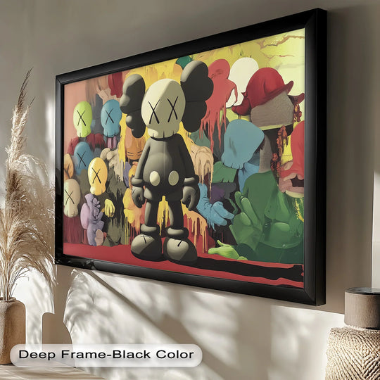 A chaotic crowd of colorful KAWS figures melt around a large grey figure in this vibrant oil painting decoration.