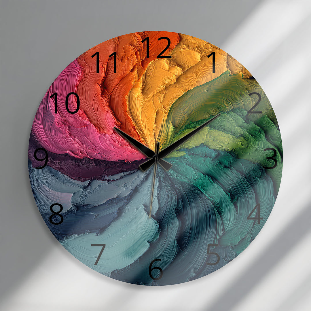 Colorful Abstract Glass Wall Clock – Rainbow Oil Painting Art
