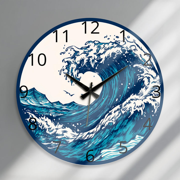 Japanese Wave Glass Wall Clock – Blue Ocean Coastal Decor