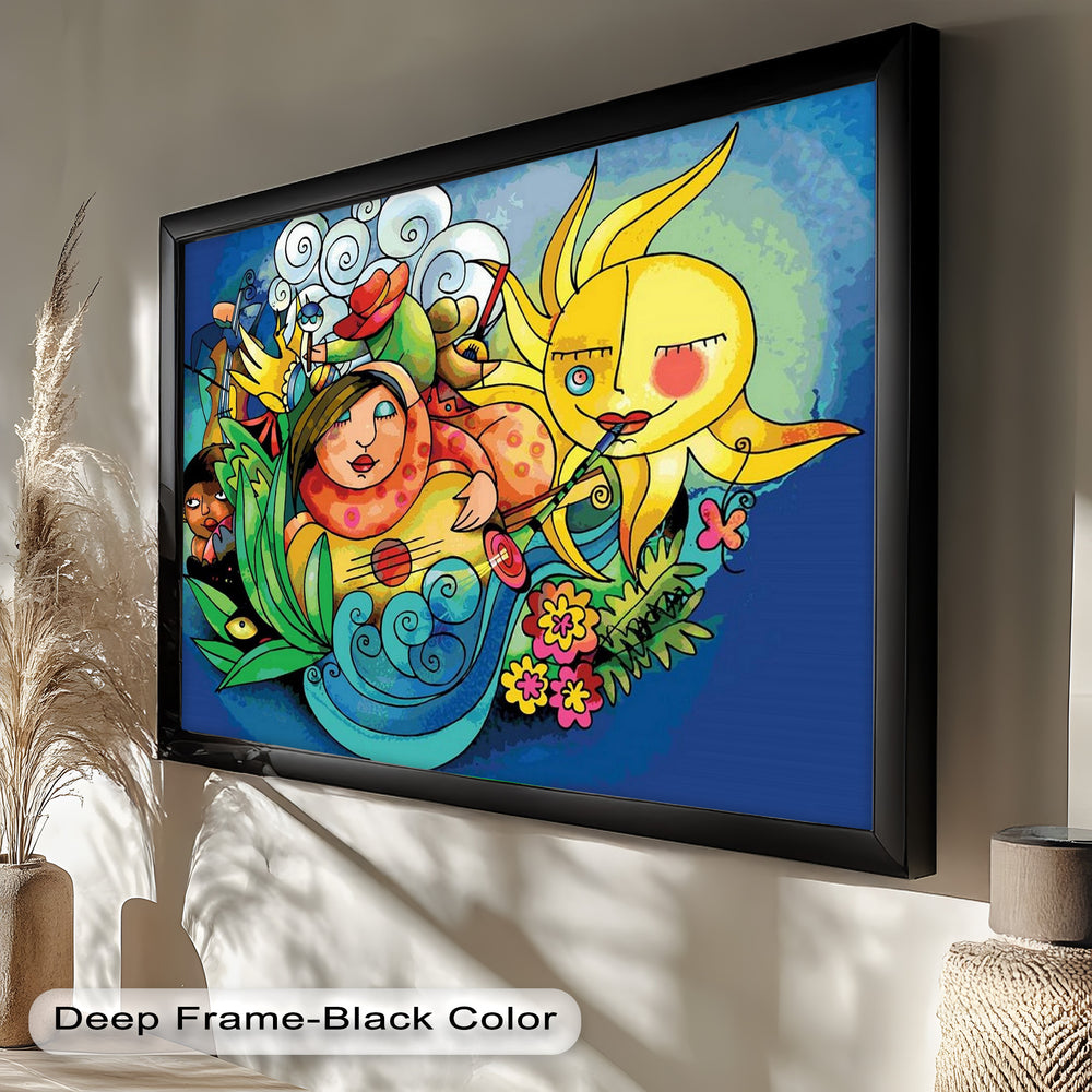 A joyful, surreal composition with musical motifs, expressive faces, bright floral accents, and a golden sun figure.