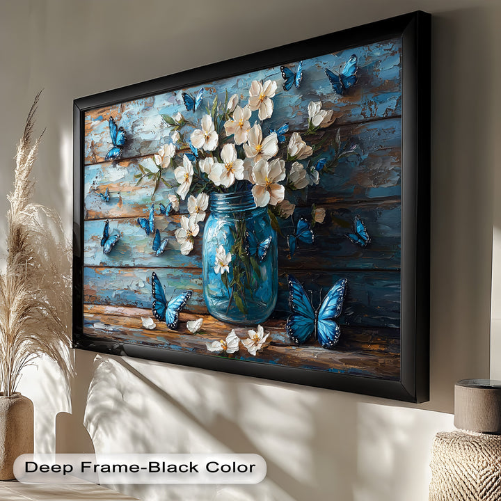 Flowers and Blue Butterflies – Elegant Nature Oil Painting