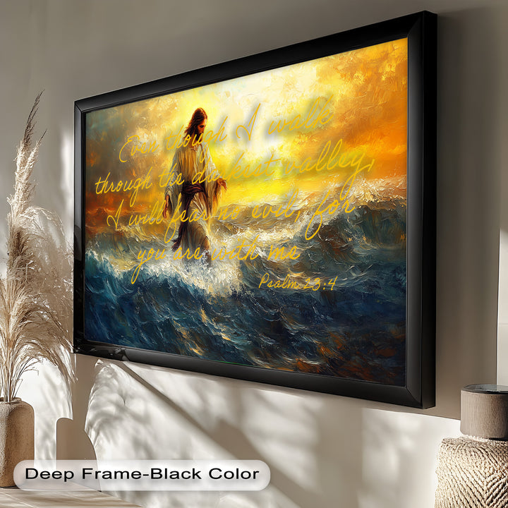 Sacred religious wall art with radiant light and ocean waves.
