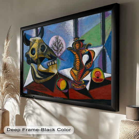 Vibrant color saturation defines this oil painting reproduction print of 'Still Life with Skull and Pitcher,' a symbolic Cubist Picasso oil painting.