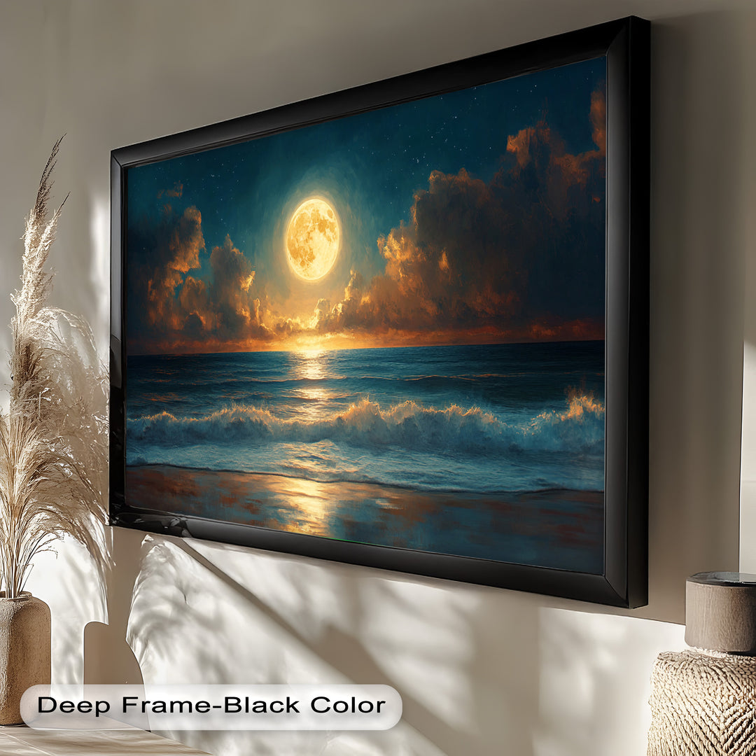 This breathtaking seascape painting captures the full moon rising over the ocean, casting a glowing path of light across the waves and clouds.

