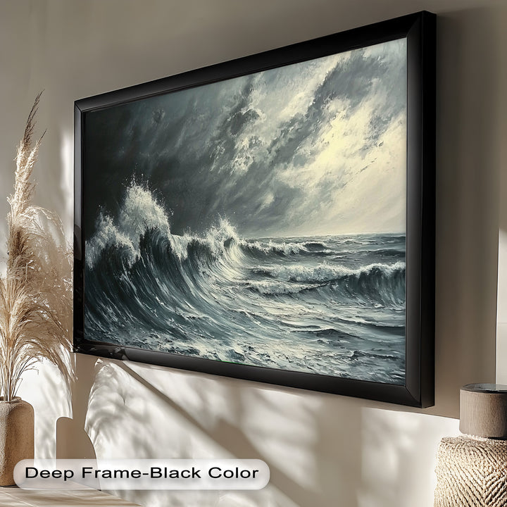 With intense contrasts and dynamic brushwork, the artwork conveys the strength and movement of the ocean in a moment of natural fury.


