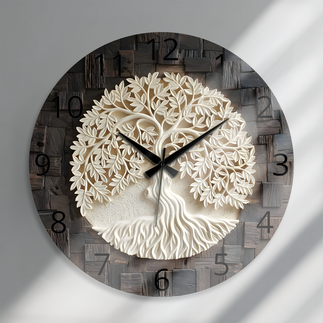 Tree of Life Glass Wall Clock – Rustic Wood Look Decor