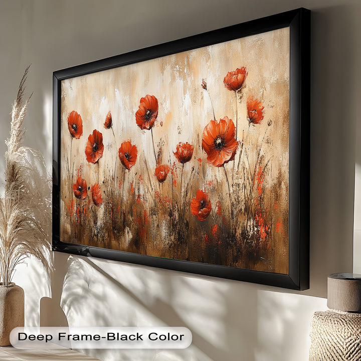 Fiery Meadow – Scarlet Poppies in Earth-Toned Field Flower Oil Painting