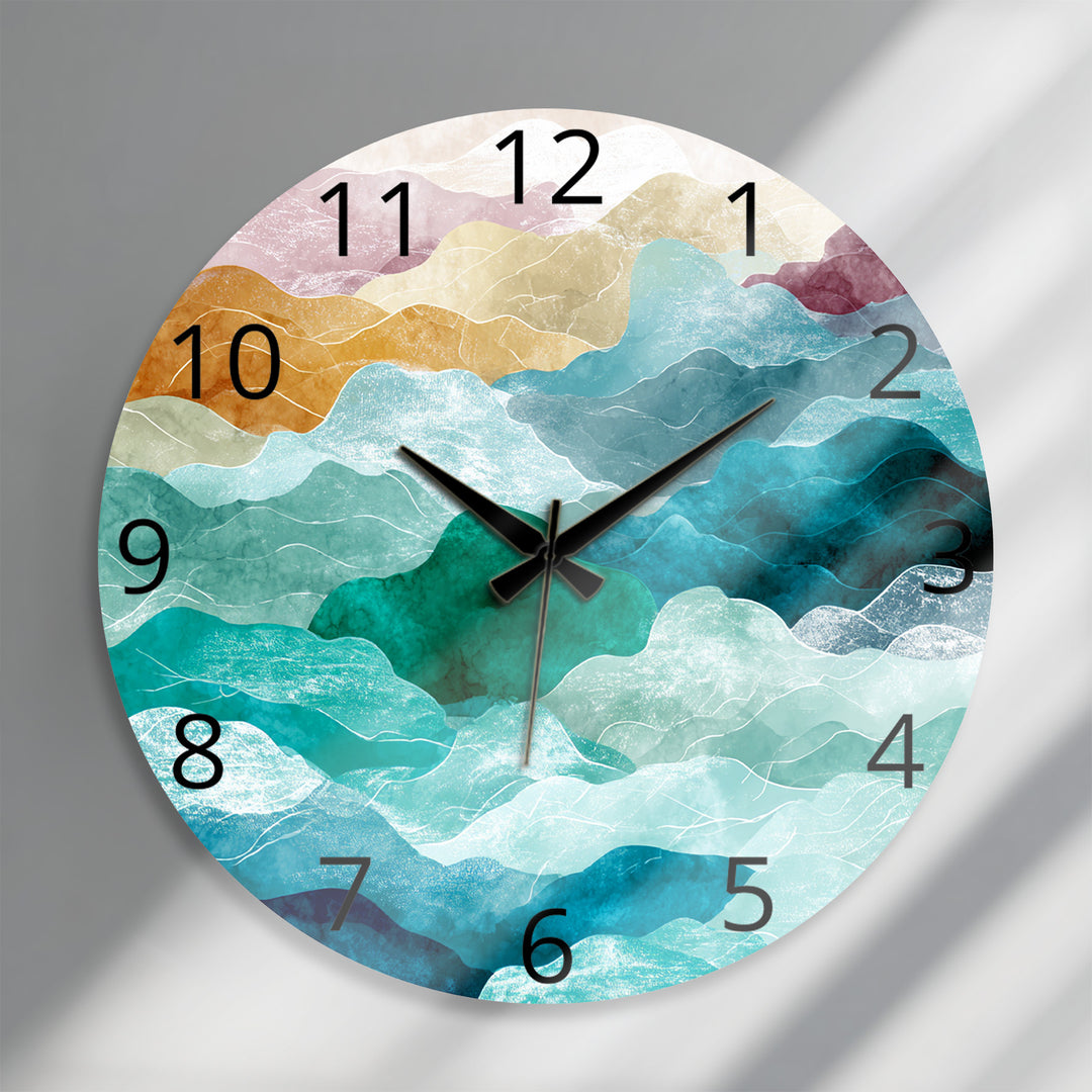 Abstract Mountain Glass Wall Clock – Teal Boho Landscape Decor