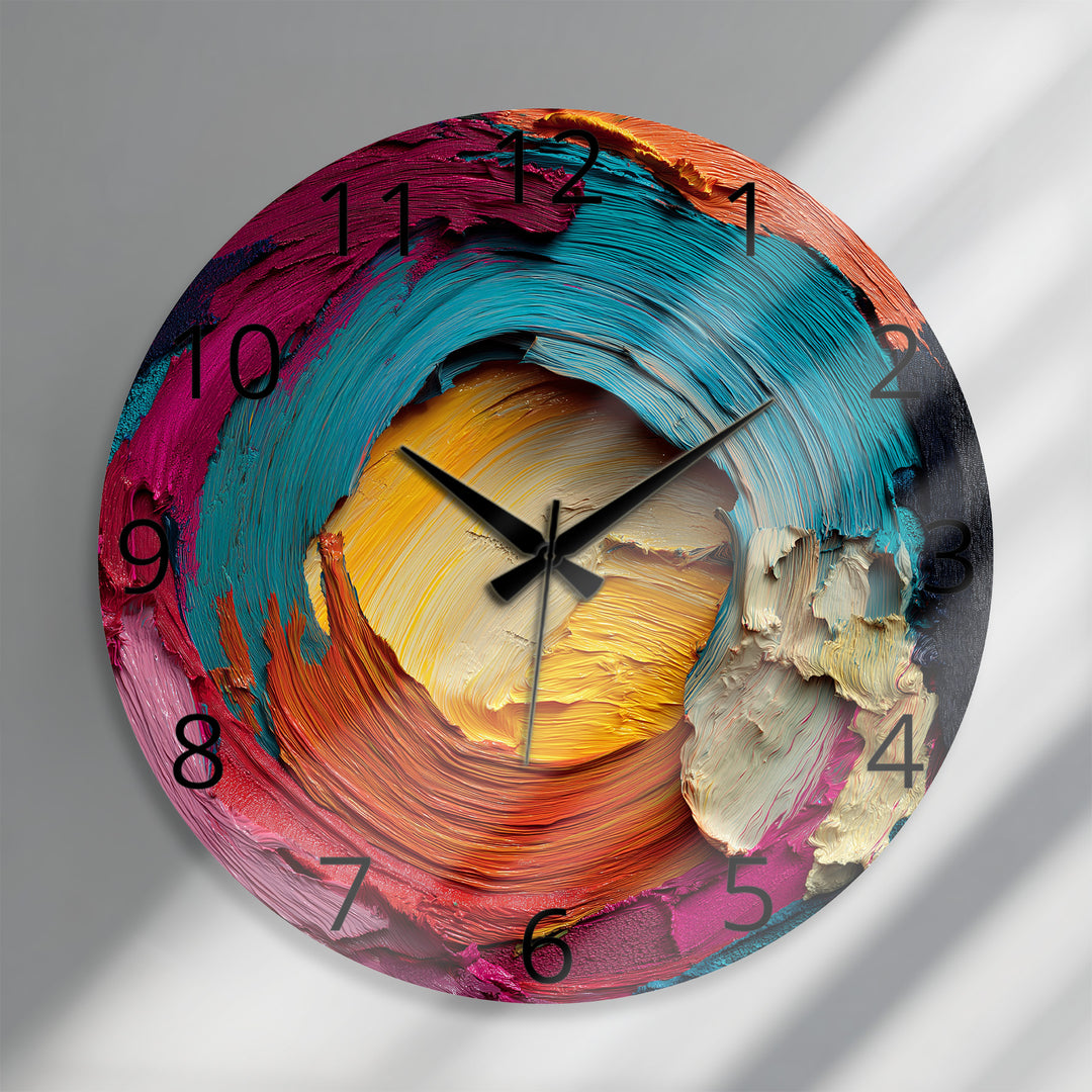 Colorful Abstract Glass Wall Clock – Vibrant Impasto Swirl Art