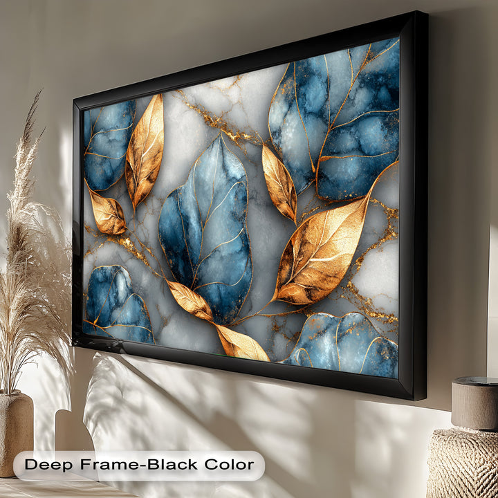 Golden Blue Marble Leaves – Botanical Oil Painting
