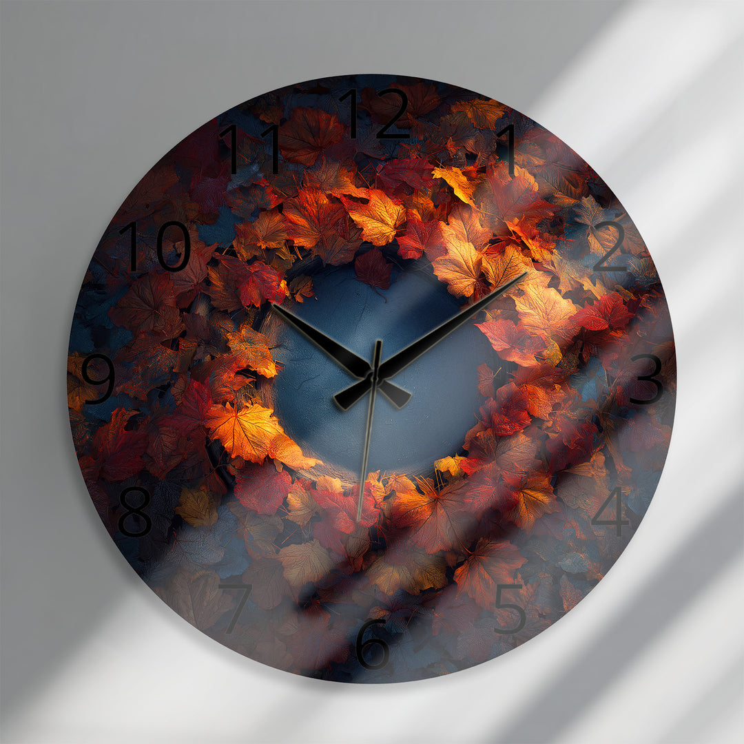 Glas-Wanduhr mit Herbstblättern – rustikales Herbstkranz-Dekor